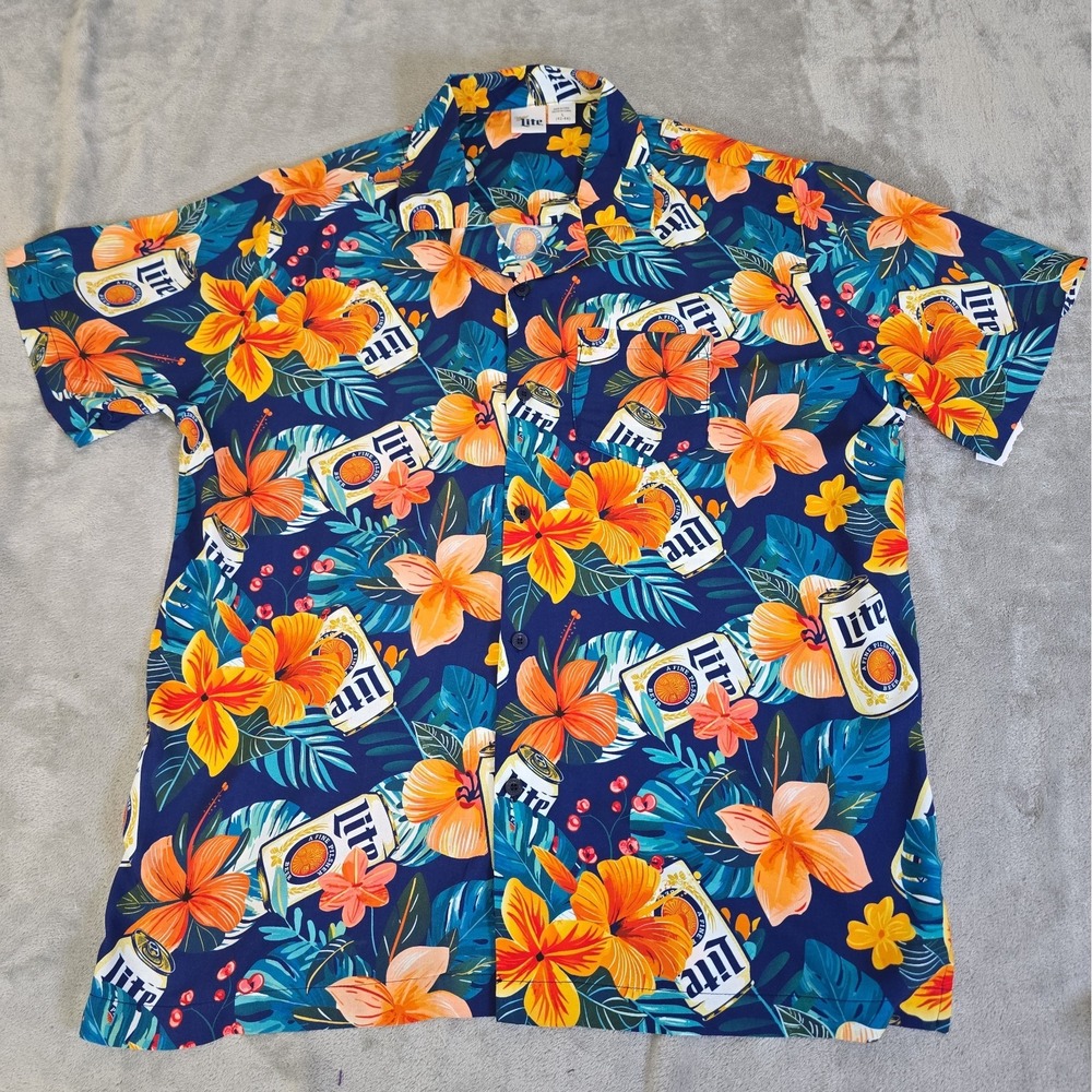 Miller Lite Shirt Mens Large Blue Floral Hawaiian Tropical Beer Button Up